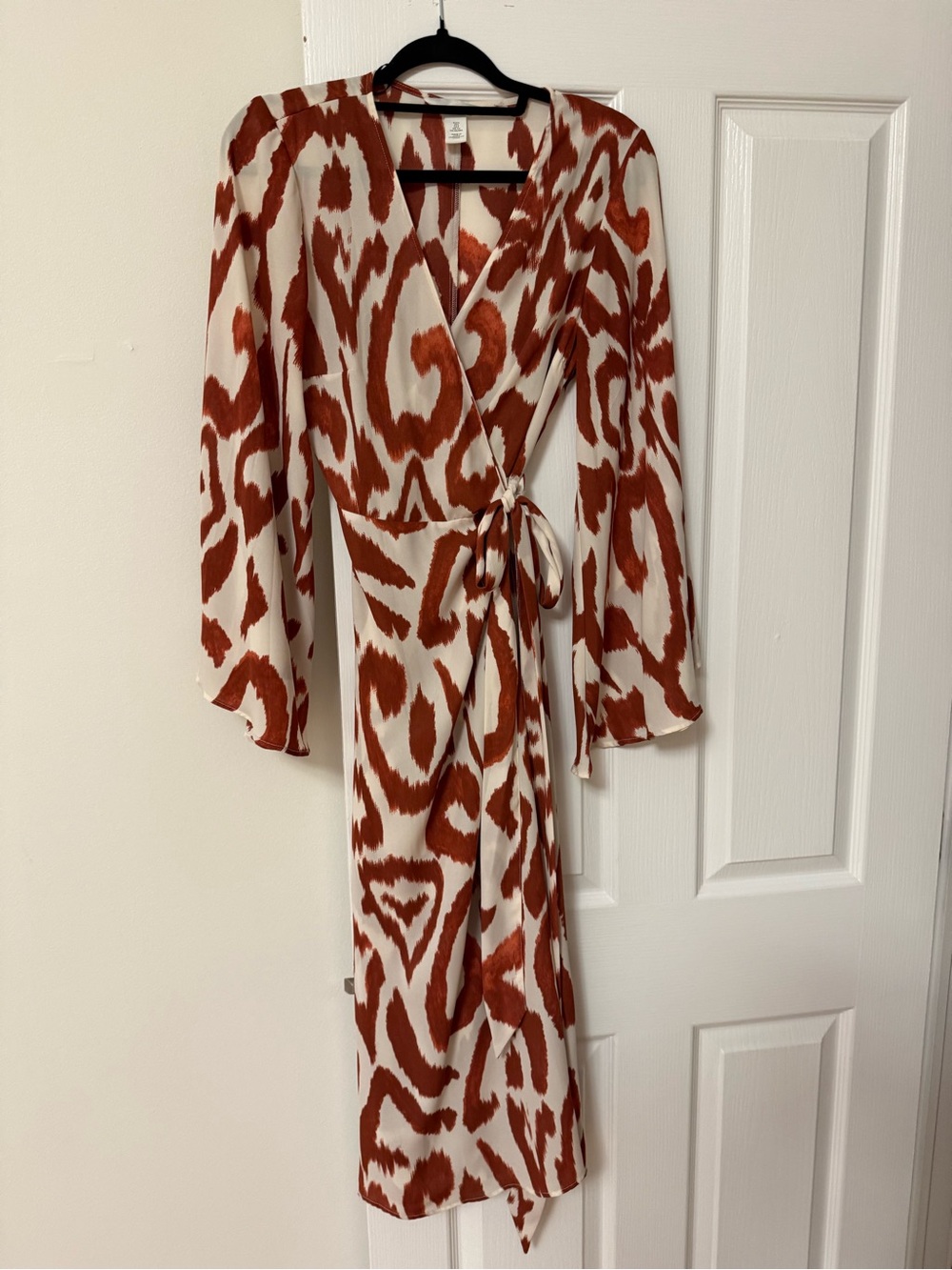 H&M Rust and Cream Wrap Midi Dress with Tie Waist